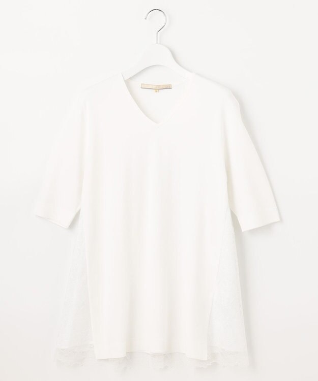 自由区 【洗える】クレープストレッチ バックレース ニット ホワイト系