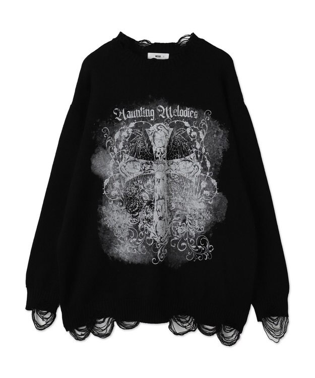 WEGO クラッシュBIGプリントニットプルオーバー ブラック