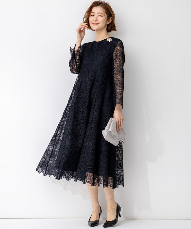 23区 【APPLAUDIR】Brocheリボンブーケレース ドレス ネイビー系