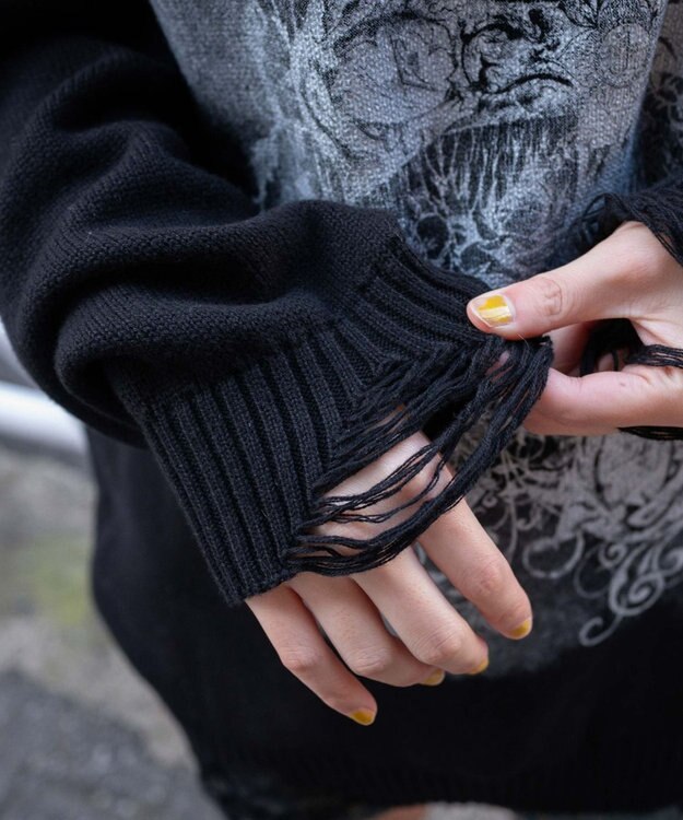 WEGO クラッシュBIGプリントニットプルオーバー ブラック