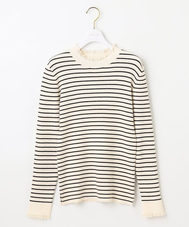 ANY SIS CICA加工 フリルネック プルオーバー アイボリー×ブラック