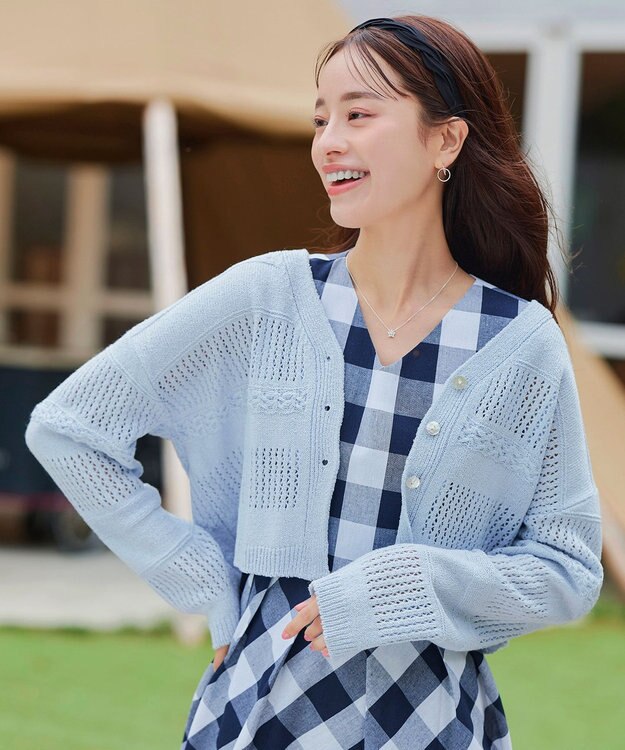 Tiaclasse 【洗える】クロシェニットカーディガン カーディガン サックス