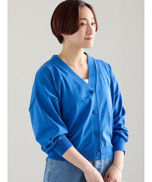 Te chichi 14G綿ポリVネックカーディガン ブルー