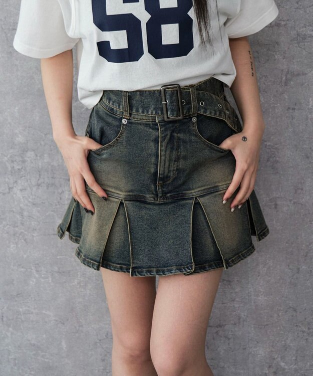 WEGO ベルト付デニムプリーツスカパン デニム濃加工色