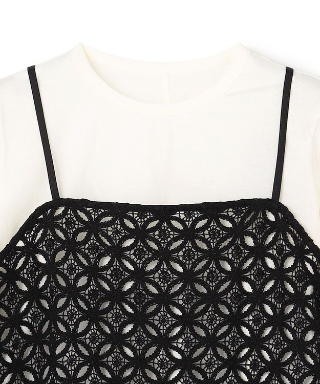 UNFILO L 【2点セット】ラッセルレース キャミレイヤード Tシャツ ブラック