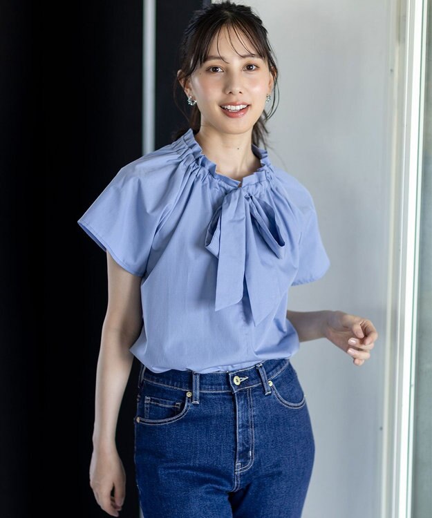 ANY SIS 【洗える】ギャザーネック ブラウス ライトブルー