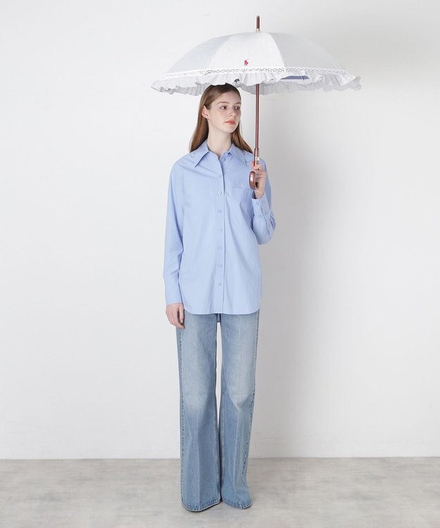 MOONBAT 【遮光/晴雨兼用】POLO RALPH LAUREN （ポロラルフローレン） 長傘 晴雨兼用日傘 ストライプフリル 遮光 遮熱 UV ダークブルー