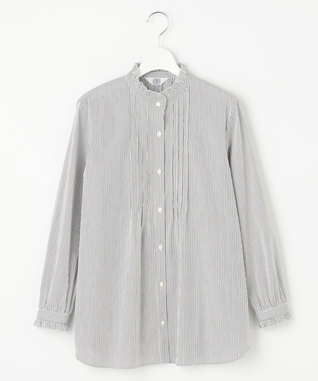 J.PRESS LADIES 【洗える】BEZ C/Ny ドビーストライプ フリルネック ブラウス ネイビー系1