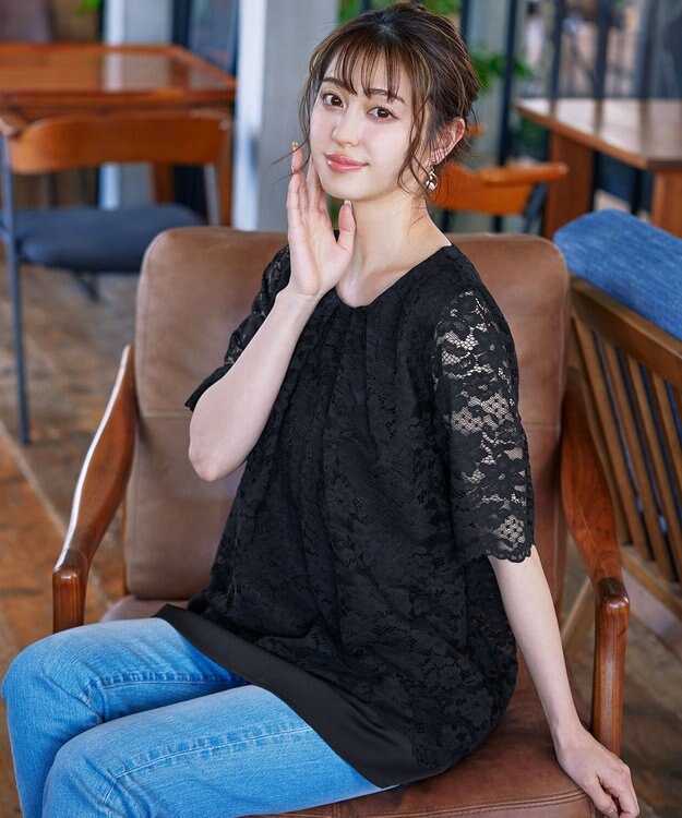 Tiaclasse 【洗える】スカラップレースチュニックブラウス ブラック