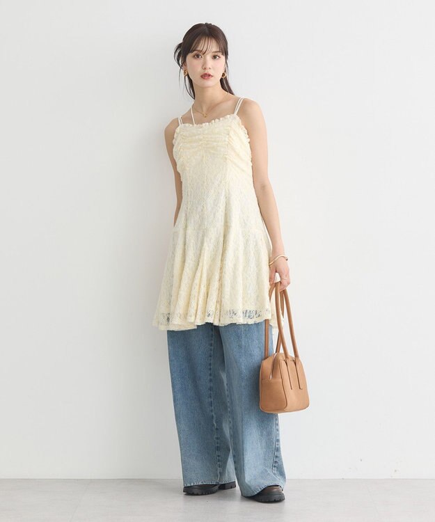 earth music&ecology フロントギャザー起毛レースミニワンピース Ivory