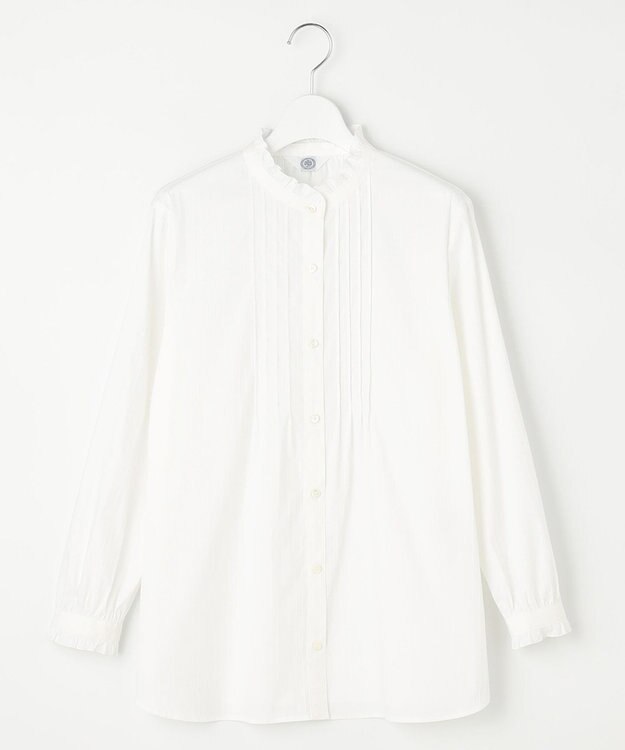 J.PRESS LADIES 【洗える】BEZ C/Ny ドビーストライプ フリルネック ブラウス ホワイト系1