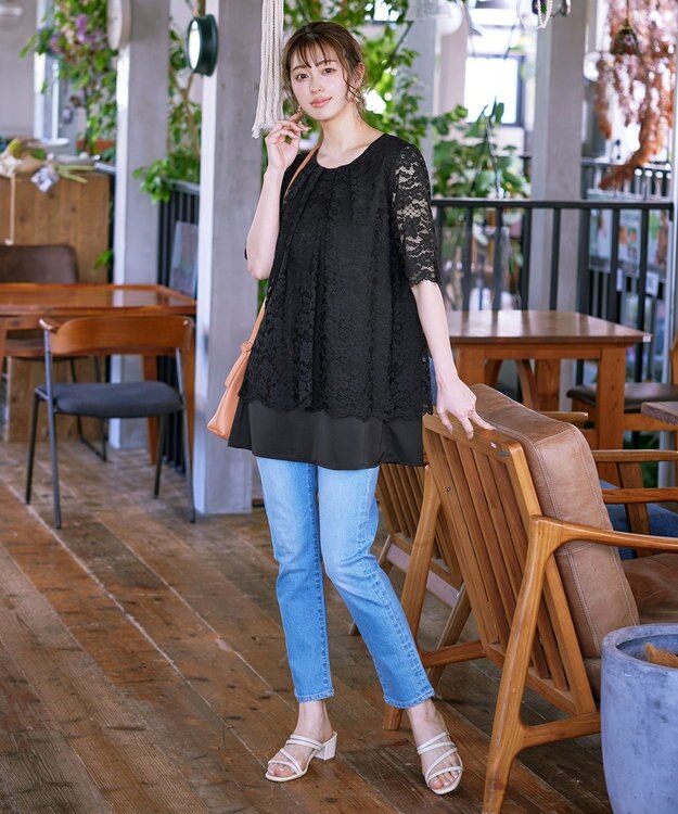 Tiaclasse 【洗える】スカラップレースチュニックブラウス ブラック