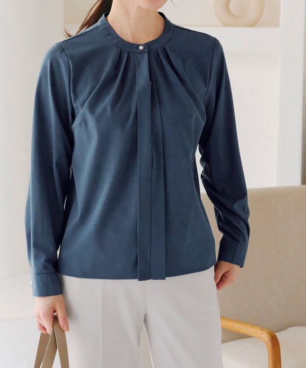 Tiaclasse L 【新色追加・洗える】バンドカラー2WAYタックブラウス ブルー
