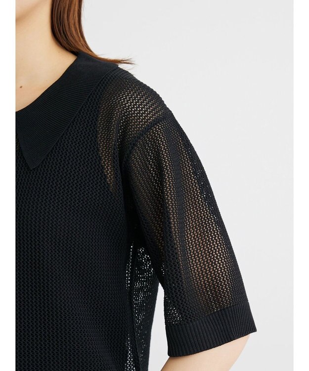 Green Parks メッシュポロ衿ニットプルオーバー Black