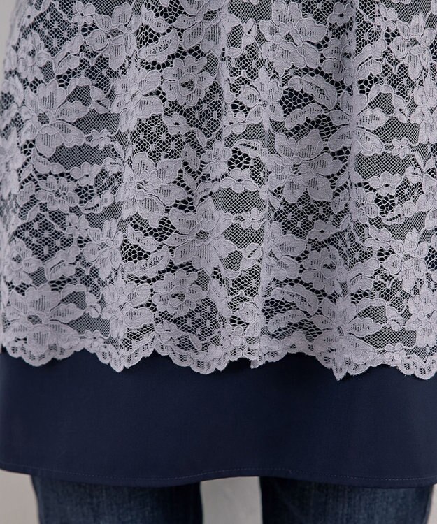 Tiaclasse 【洗える】スカラップレースチュニックブラウス グレー×ネイビー