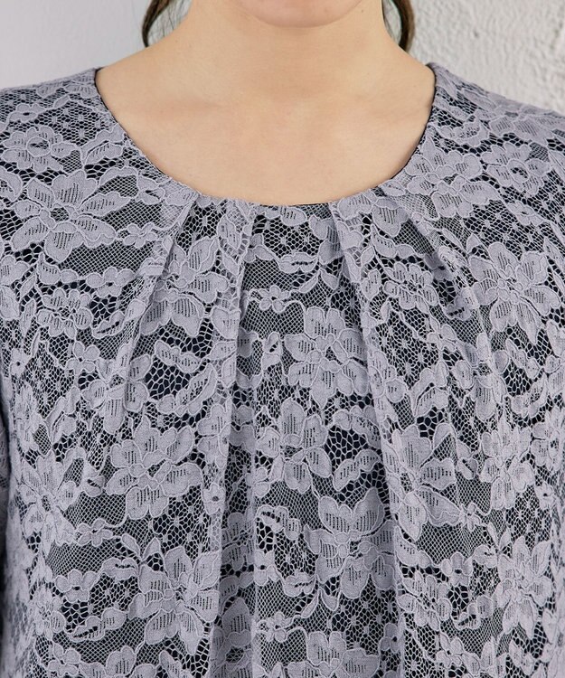 Tiaclasse 【洗える】スカラップレースチュニックブラウス グレー×ネイビー