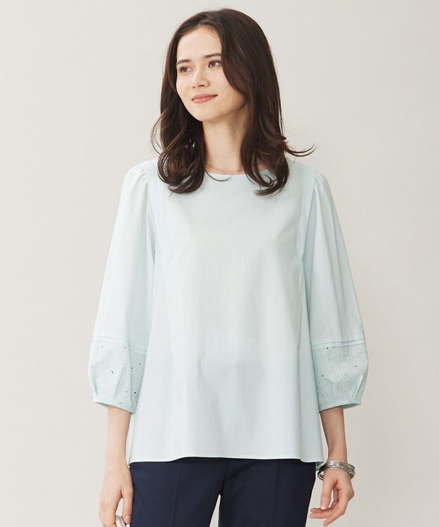 自由区 L 【洗える】テンセルコットンエンブロイダリープルオーバー ブラウス サックス