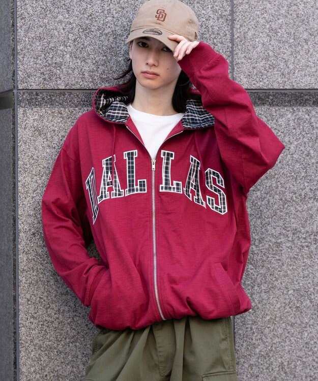 WEGO 【ユニセックス着用ITEM/MLサイズ展開】スラブチェックロゴジップパーカー ワイン