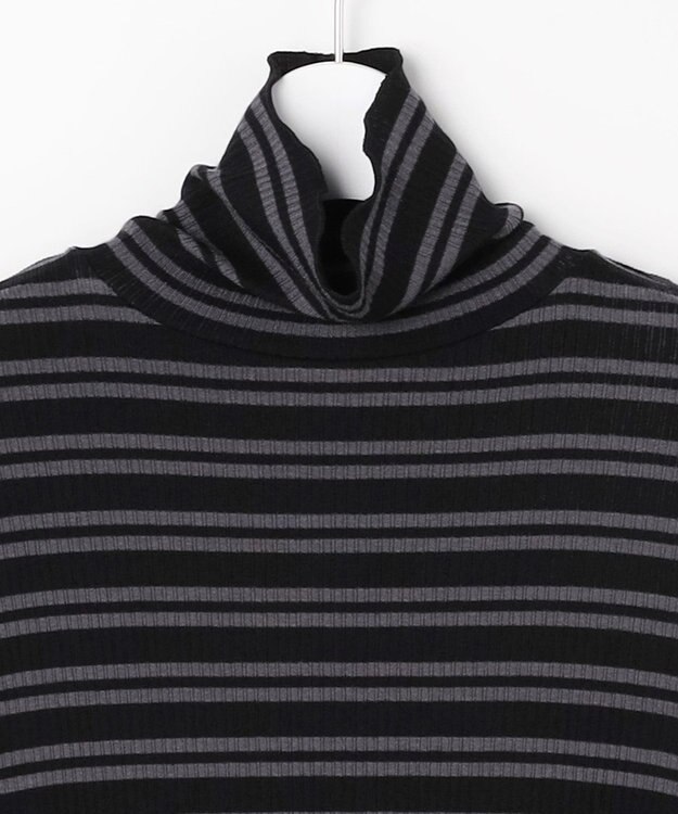 J.PRESS LADIES カシミヤシルク シアーリブ ボーダー タートル カットソー ブラックベース系