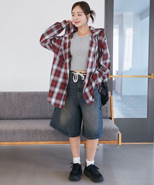 WEGO フードチェックBIGシャツ レッド