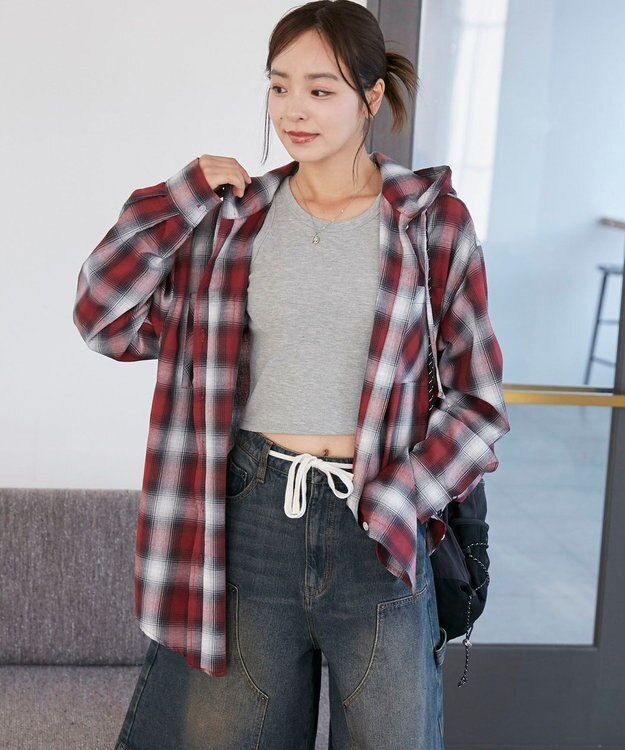 WEGO フードチェックBIGシャツ レッド