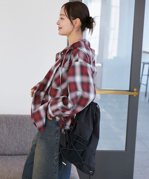 WEGO フードチェックBIGシャツ レッド