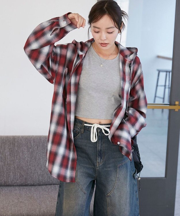 WEGO フードチェックBIGシャツ レッド