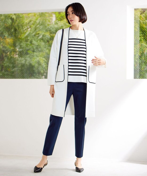 自由区 【接触冷感・洗える】コットンサテンストレッチテーパード パンツ ネイビー