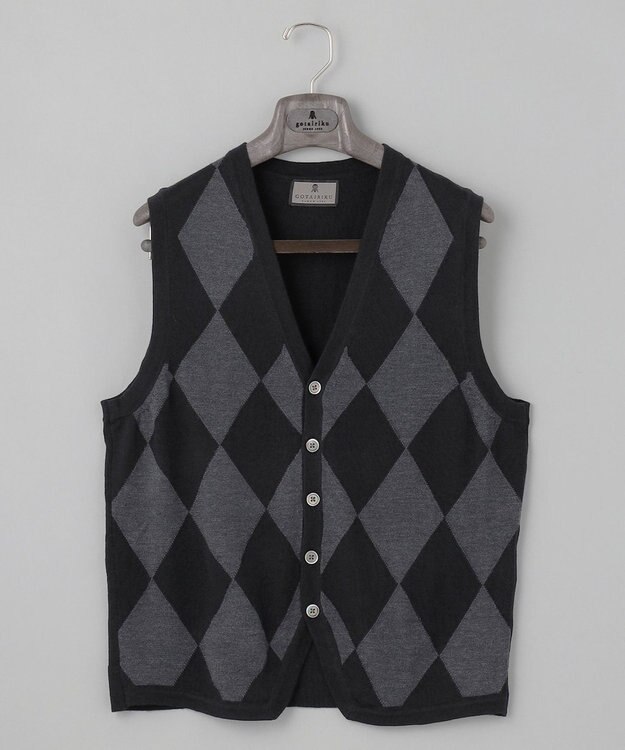 GOTAIRIKU 体温調整に【洗える/チクチクしにくい/ピリングしにくい】イタリア糸 ハイゲージ ベスト_WOOL100% ブラック×グレーアーガイル