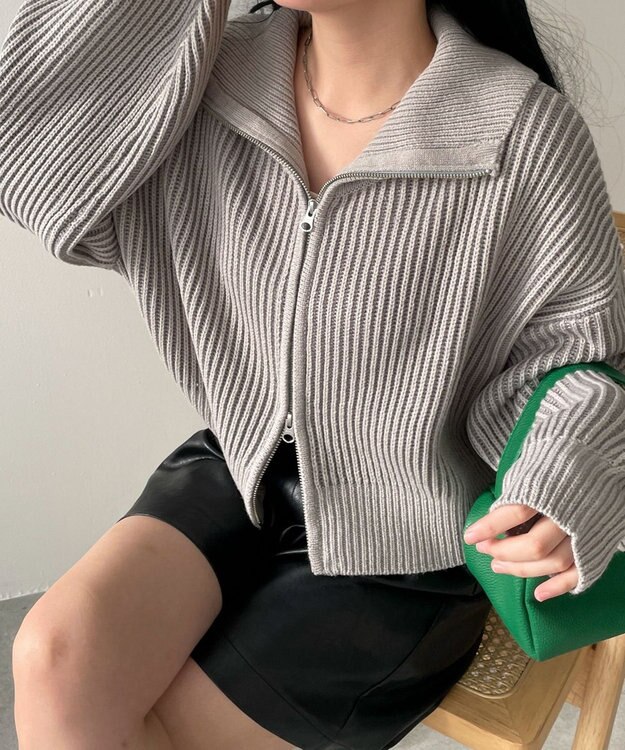 WEGO ダブルジップショートニットブルゾン グレー