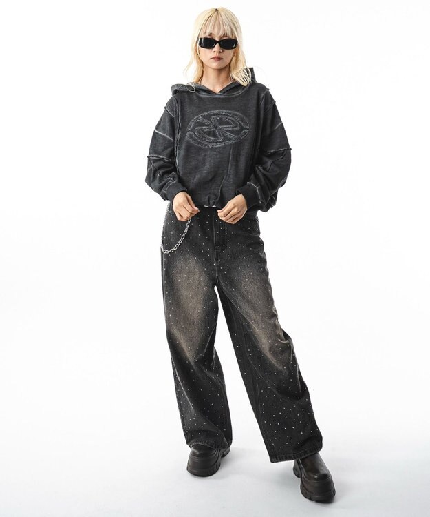 WEGO 【ユニセックス着用ITEM】スーパーバギーラインストーンデニムパンツ デニムブラックソノタ