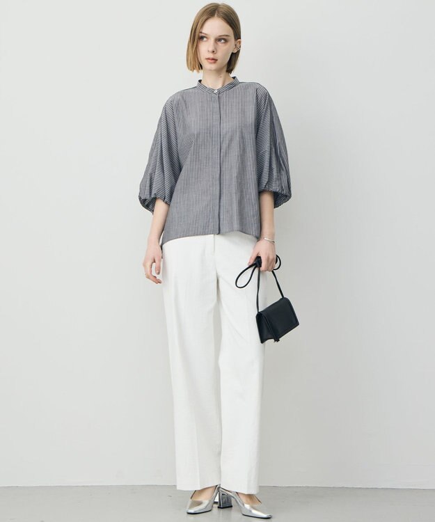 ICB L ソフトコットンローン シャツブラウス ブラックストライプ