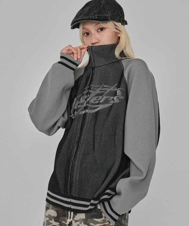 WEGO 【ユニセックス着用ITEM/MLサイズ展開】ラグラングラフィックニットブルゾン ブラック