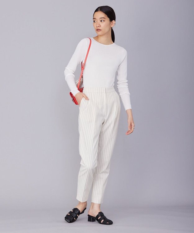 ICB L 【洗える・セットアップ対応】 LooseWeave ストライプ柄テーパードパンツ オフホワイト×ブラック系