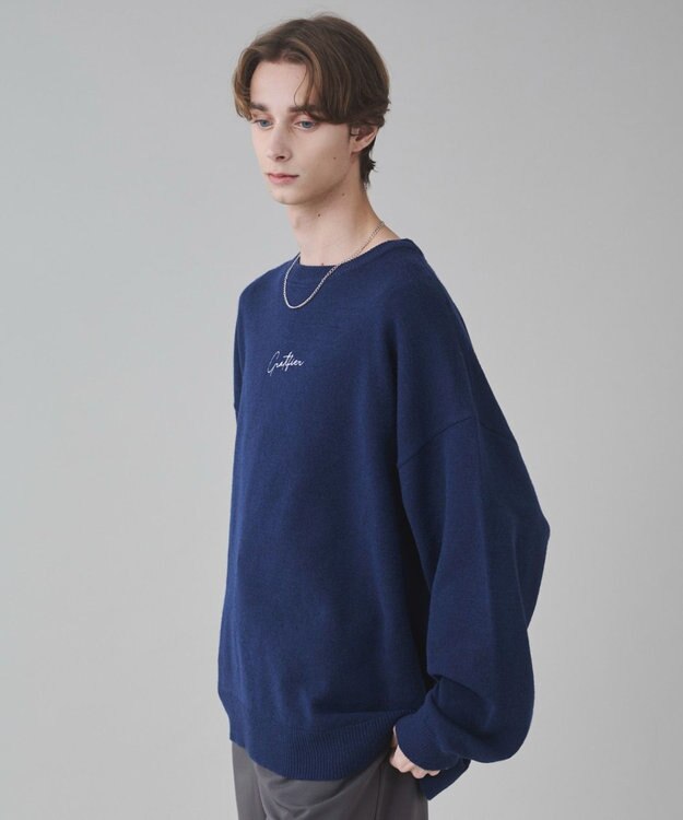 WEGO 【ユニセックス着用ITEM/SMLサイズ展開】アクセ付きワンポイントニットプルオーバー ネイビー