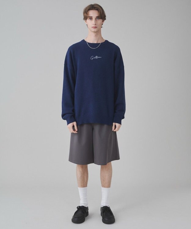 WEGO 【ユニセックス着用ITEM/SMLサイズ展開】アクセ付きワンポイントニットプルオーバー ネイビー