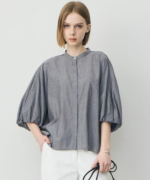 ICB L ソフトコットンローン シャツブラウス ブラックストライプ