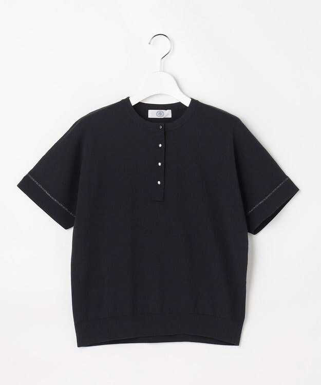 J.PRESS LADIES COOL MINT COTTON POLYESTER ヘンリーネック ニット プルオーバー ネイビー系