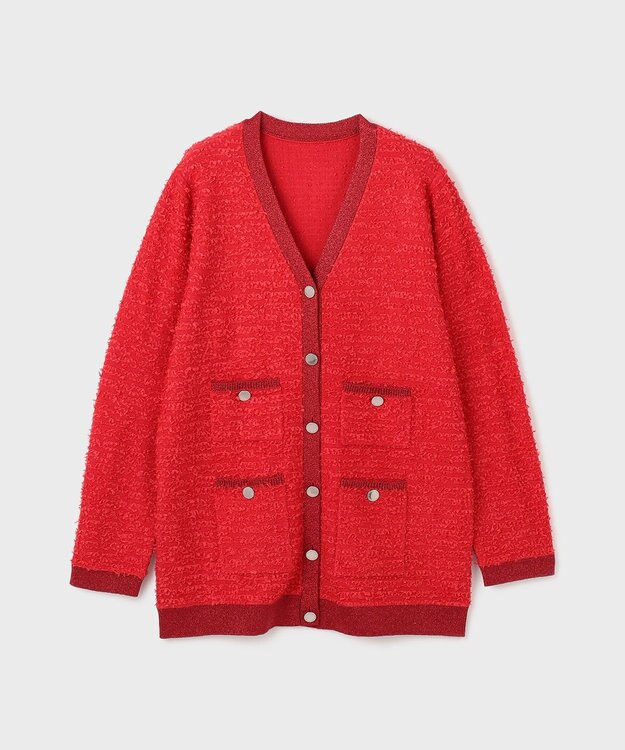 GRACE CONTINENTAL ツイードバイカラーニットカーディガン レッド
