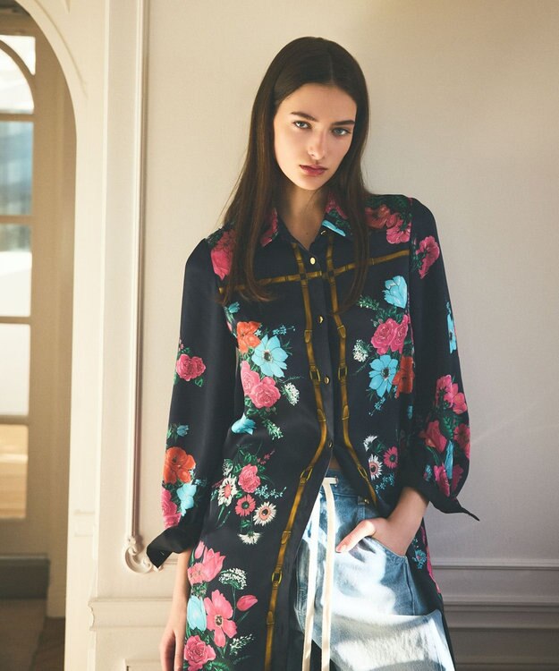 GRACE CONTINENTAL ボタニカルスカーフプリントワンピース ネイビー