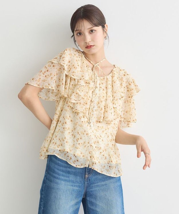 earth music&ecology チョーカー付き楊柳ラッフルブラウス Flower