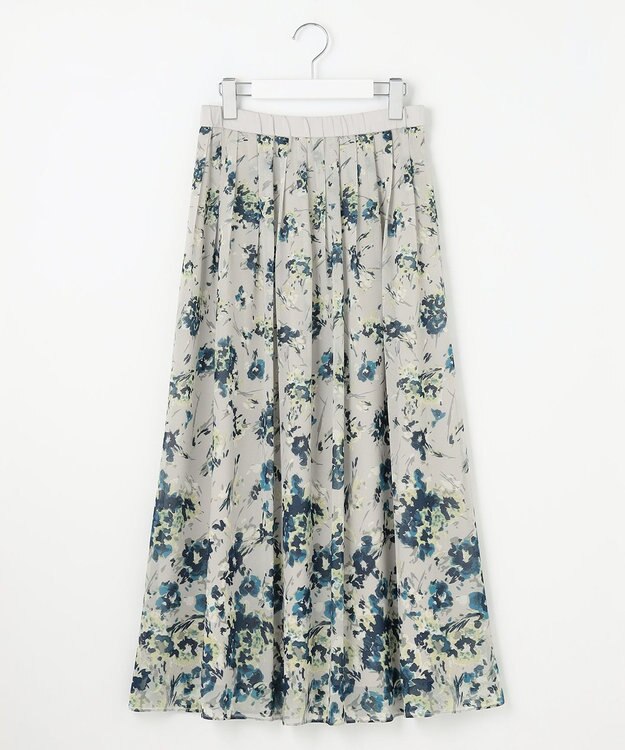 自由区 L 【洗える】オータムダリアプリント スカート ブルーグレー系