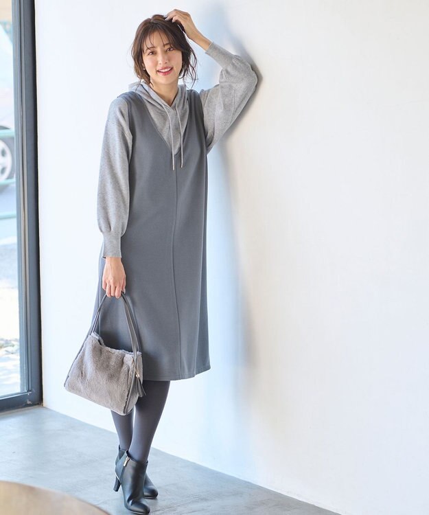 ANY SIS 【2SET】ニットパーカー×ジャンパースカート セット ブルーグレー