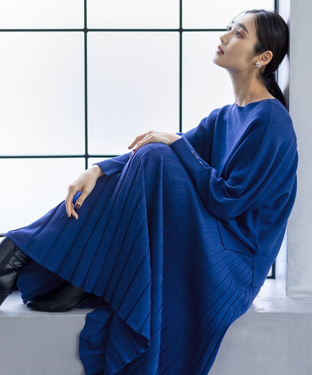 ANY SIS CICA加工 ニット フレア スカート ブルー