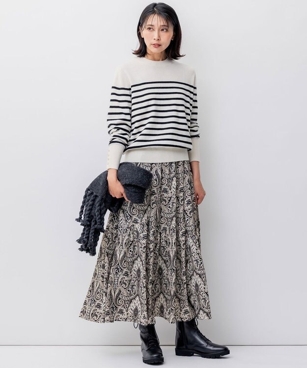 23区 【洗える】フレンチペイズリーデシン ティアードスカート ブラックプリント