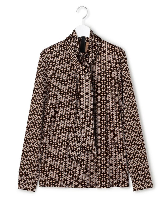 ICB 【30th ANNIVERSARY】 モノグラムプリントスムース ボウタイブラウス キャメル×ブラック系