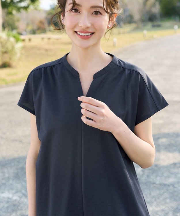 Tiaclasse L 【冷凛(ひやりん)カノコ】スキッパー襟フレンチスリーブチュニック ネイビー