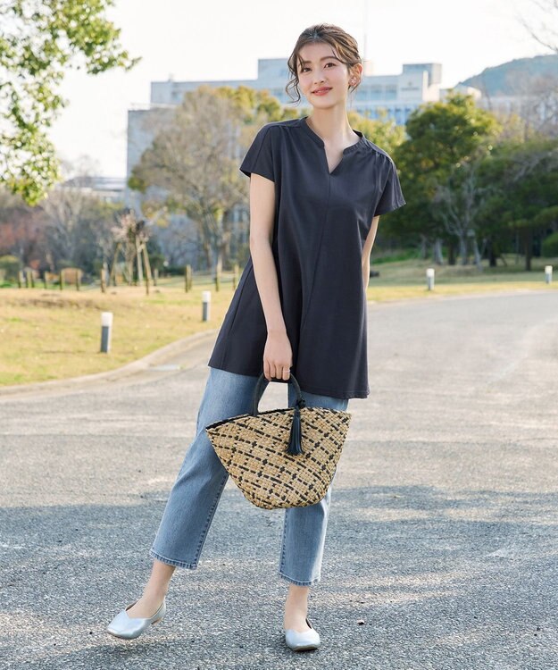 Tiaclasse L 【冷凛(ひやりん)カノコ】スキッパー襟フレンチスリーブチュニック ネイビー