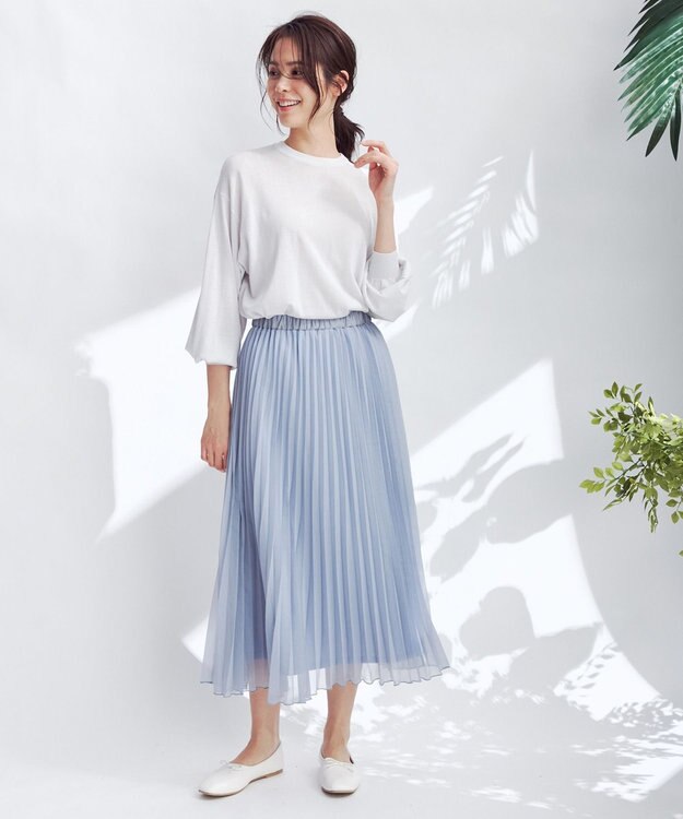 ANY 【洗える】シアーアコーディオン プリーツスカート スカイブルー系