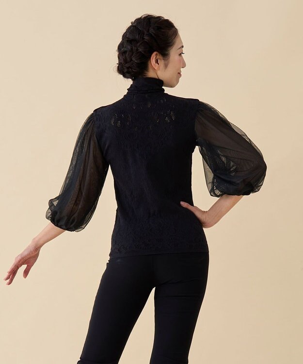 Chacott 【ノーソーイングニット】チュールスリーブハイネックトップ ブラック